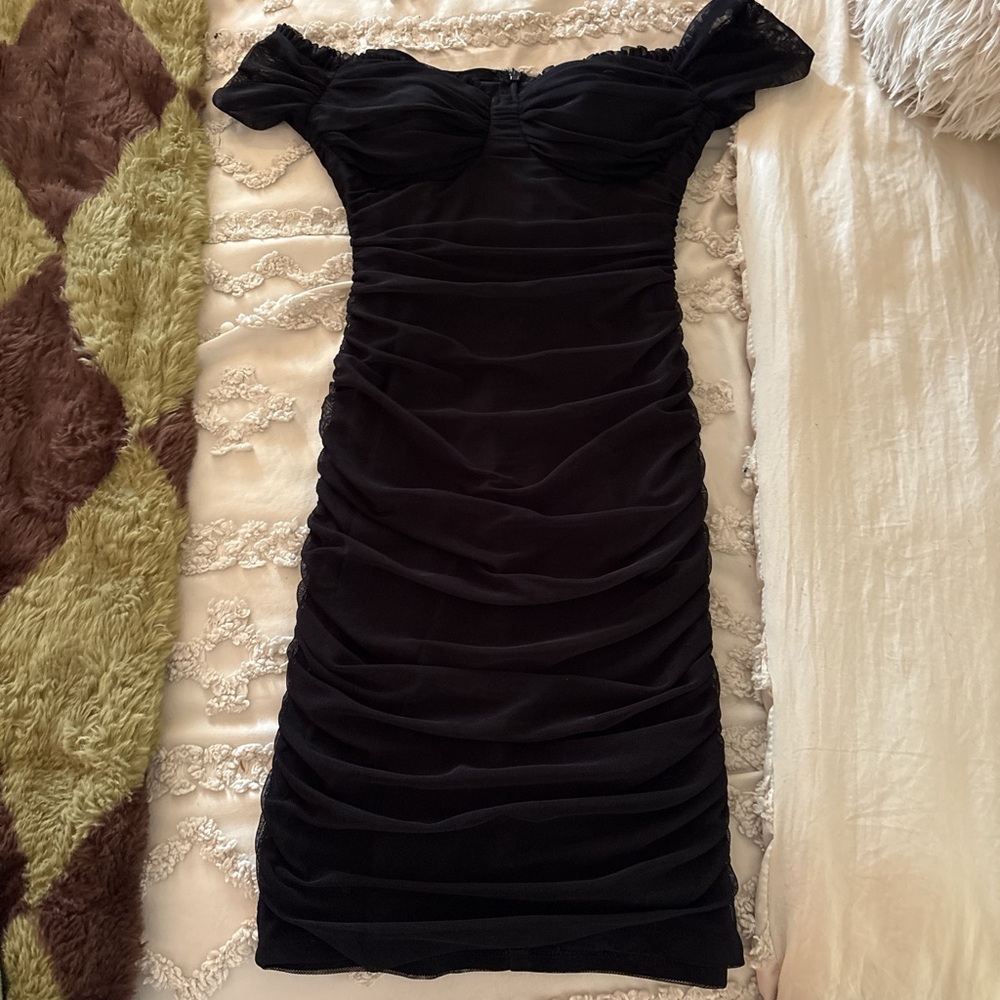 Black Off-Shoulder Ruched Mini Dress